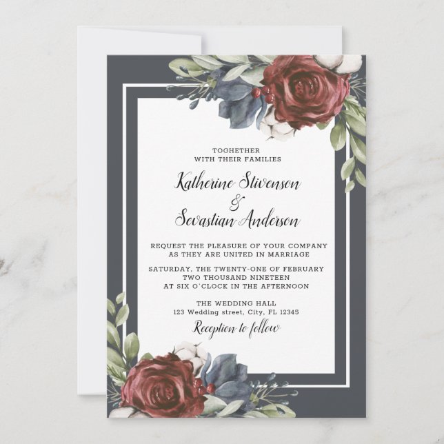 Invitación Elegante Floral Azul Oscuro Moody Bridal Shower Fl (Anverso)