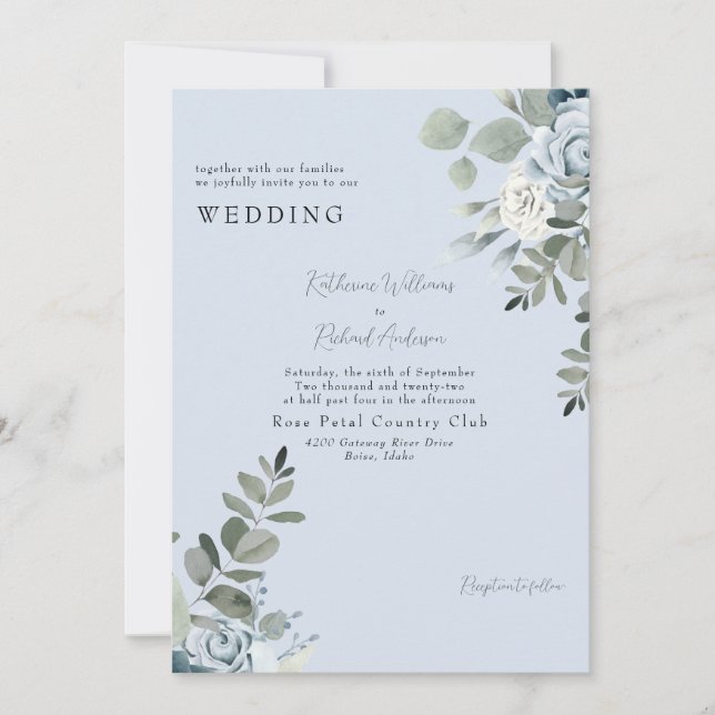 Invitación Elegante Floral Azul Polvoriento Sin Padres Boda (Anverso)