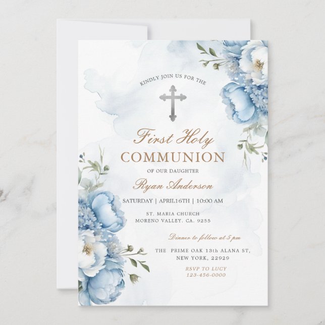 Invitación Elegante Floral Azul Primera Santa Comunión (Anverso)