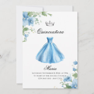 Invitación Elegante Floral Azul Quinceañera Acuarela