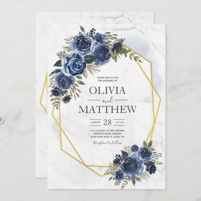 Invitación Elegante floral azul turbio y naval (Anverso / Reverso)