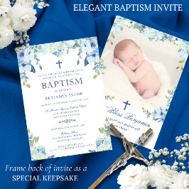 Invitación Elegante Floral azul turquesa con bautismo de foto
