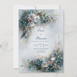 Invitación Elegante Floral Azul Turquesa Pluma Dorada Boda