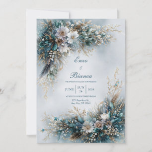 Invitación Elegante Floral Azul Turquesa Pluma Dorada Boda