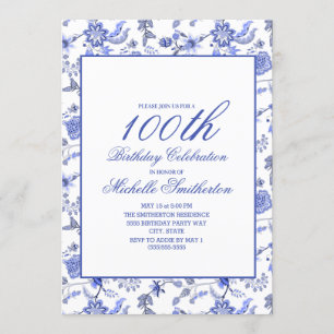 Invitación Elegante Floral Azul Vintage 100 Años Mujeres