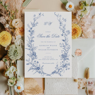 Invitación Elegante Floral Azul Vintage Francés Salva La Fech