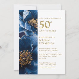 Invitación Elegante Floral Azul Y Oro 50 Aniversario