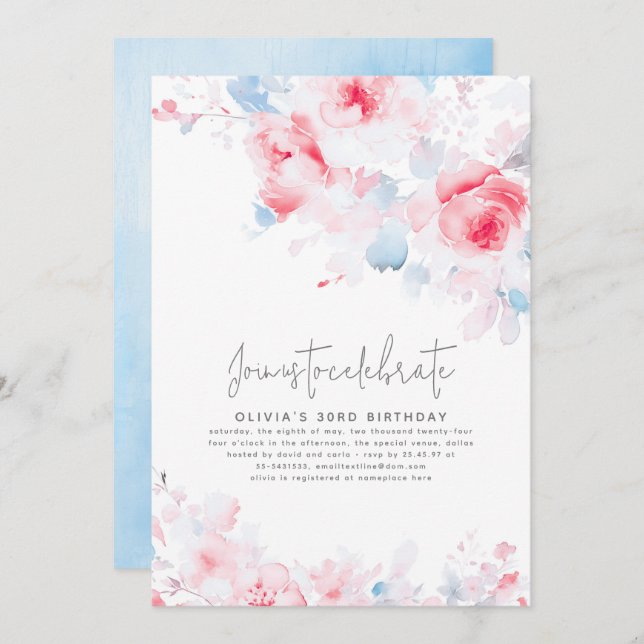 Invitación Elegante floral azul y rosa con polvo (Anverso / Reverso)