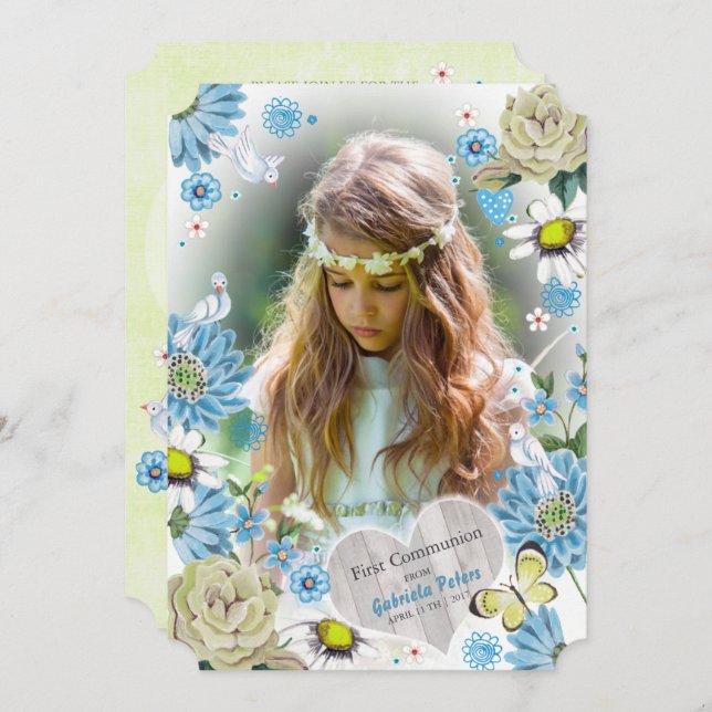Invitación Elegante floral azul y verde de primera comunión (Anverso / Reverso)