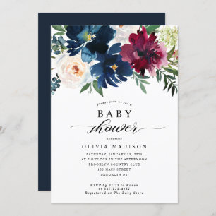 Invitación Elegante floral Baby Shower Navy Blue Burgundy