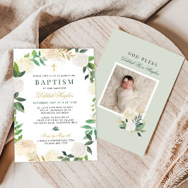 Invitación Elegante Floral Baptismo Bebé Niña Oro Verde