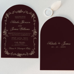 Invitación Elegante Floral Beige Borgoña Arqueado Retro Boda