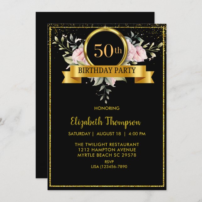Invitación Elegante Floral Black Gold 50 cumpleaños (Anverso / Reverso)