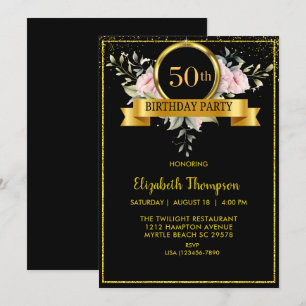 Invitación Elegante Floral Black Gold 50 cumpleaños
