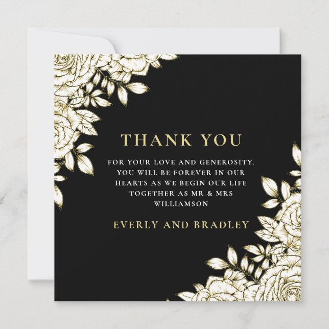 Invitación Elegante Floral Black Gold White Thank You Card (Anverso)