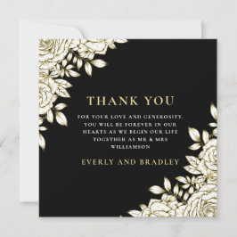 Invitación Elegante Floral Black Gold White Thank You Card