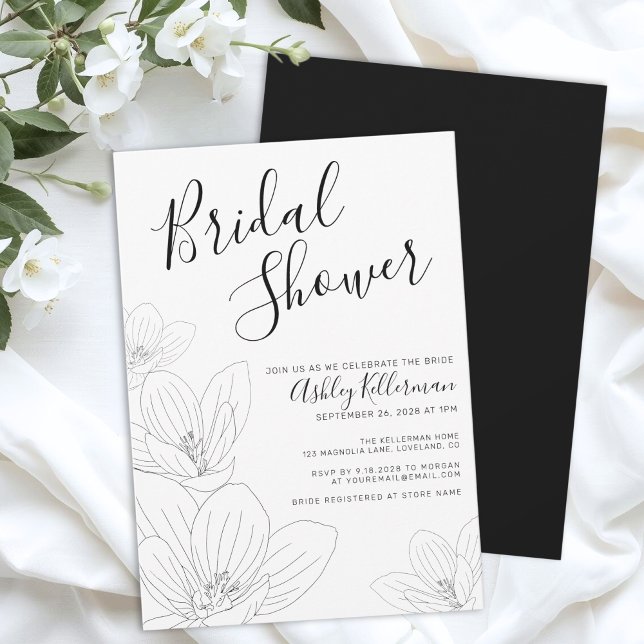Invitación Elegante Floral Black White Bridal Shower (Elegant Floral Black White Bridal Shower Invitation)