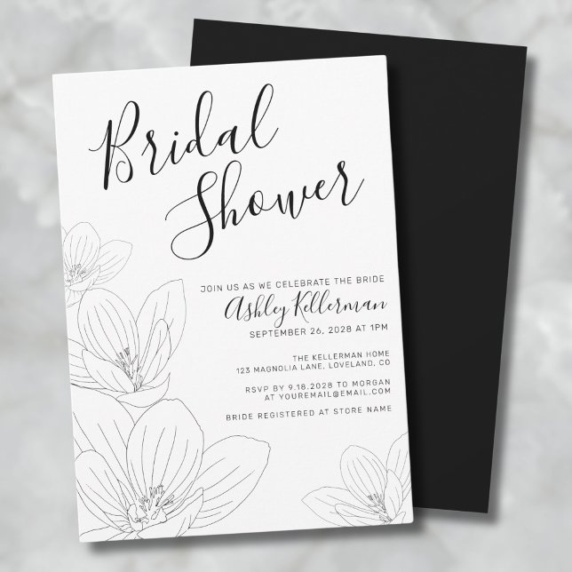 Invitación Elegante Floral Black White Bridal Shower (Elegant Floral Black White Bridal Shower Invitation)