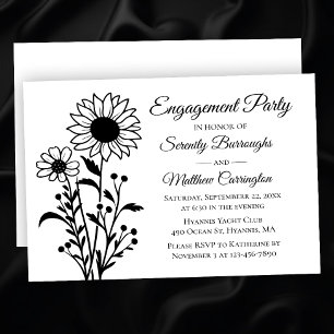 Invitación Elegante floral Black White Engagement Party