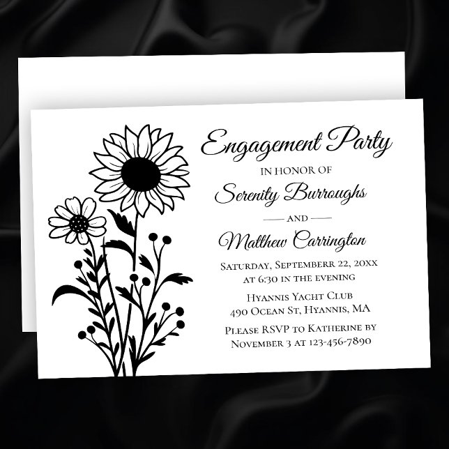 Invitación Elegante floral Black White Engagement Party (Subido por el creador)