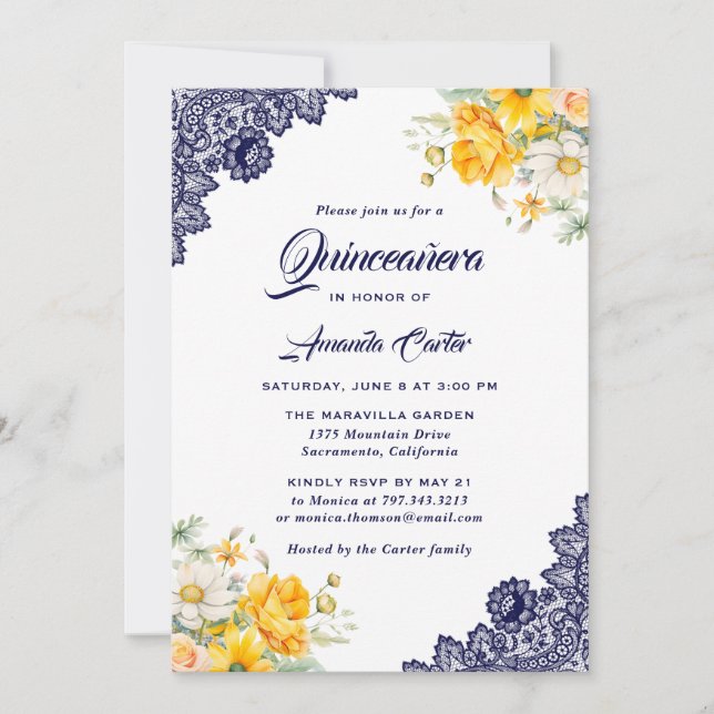Invitación Elegante Floral blanca amarilla azul Quinceañera (Anverso)