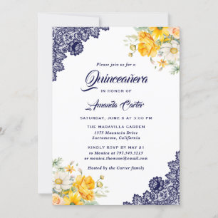 Invitación Elegante Floral blanca amarilla azul Quinceañera