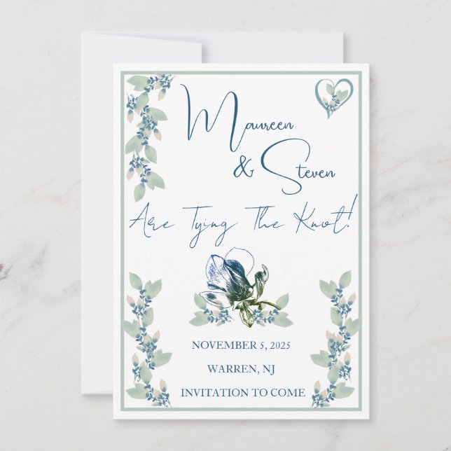 Invitación Elegante Floral Blanca, Azul Y Verde Salven La Fec (Anverso)