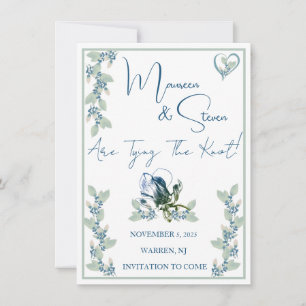 Invitación Elegante Floral Blanca, Azul Y Verde Salven La Fec