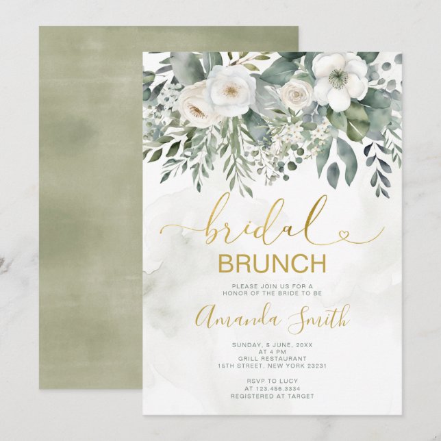 Invitación Elegante Floral Blanca Bridal Brunch Ducha Gold (Anverso / Reverso)