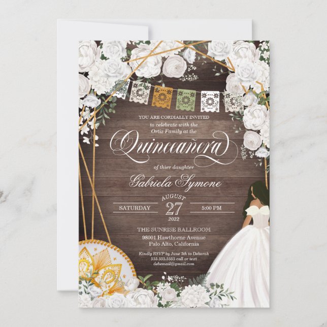 Invitación Elegante floral blanca Charro Occidental Quinceane (Anverso)