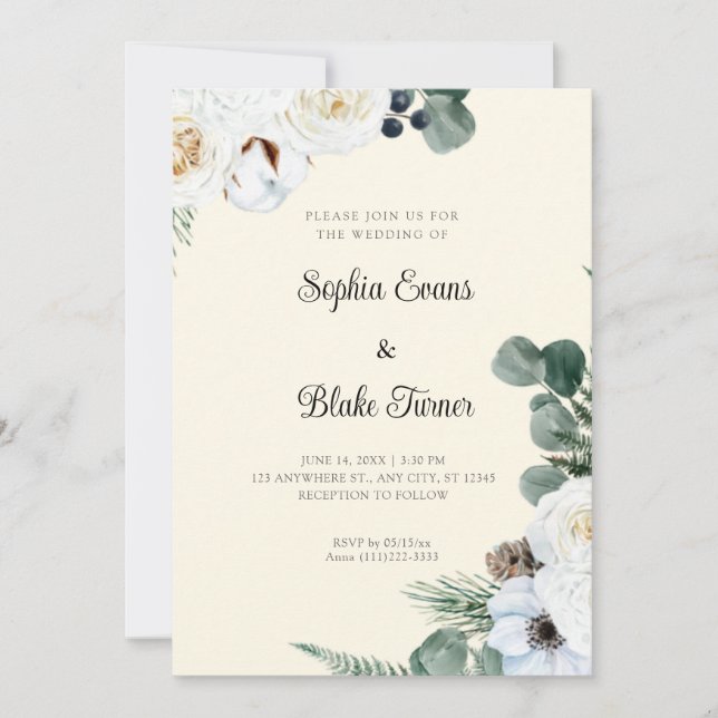 Invitación Elegante floral blanca con verde Boda amarillo (Anverso)