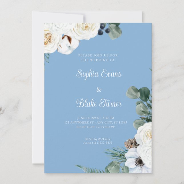 Invitación Elegante floral blanca con verde Boda azul (Anverso)