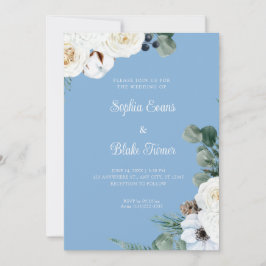 Invitación Elegante floral blanca con verde Boda azul