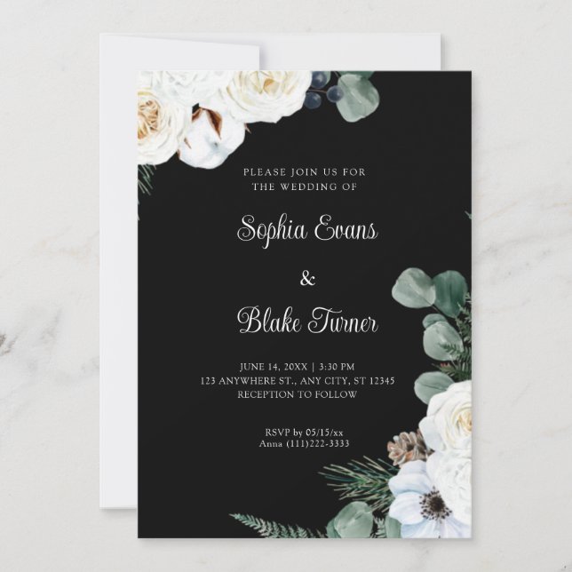 Invitación Elegante floral blanca con verde Boda negro (Anverso)