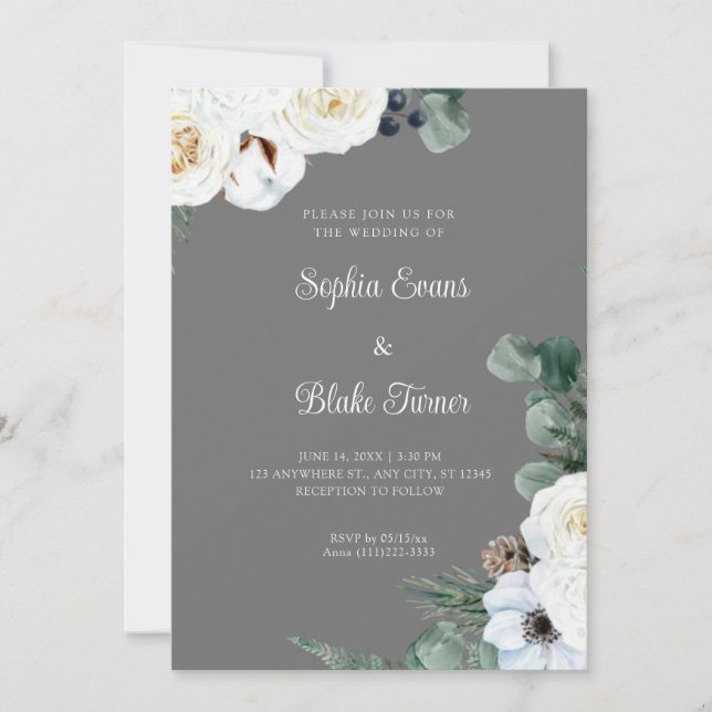 Invitación Elegante floral blanca con verde gris Boda (Anverso)
