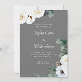 Invitación Elegante floral blanca con verde gris Boda
