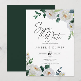 Invitación Elegante floral blanca de marfil esmeralda salva l