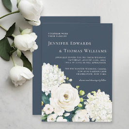 Invitación Elegante floral blanca en Boda azul marino