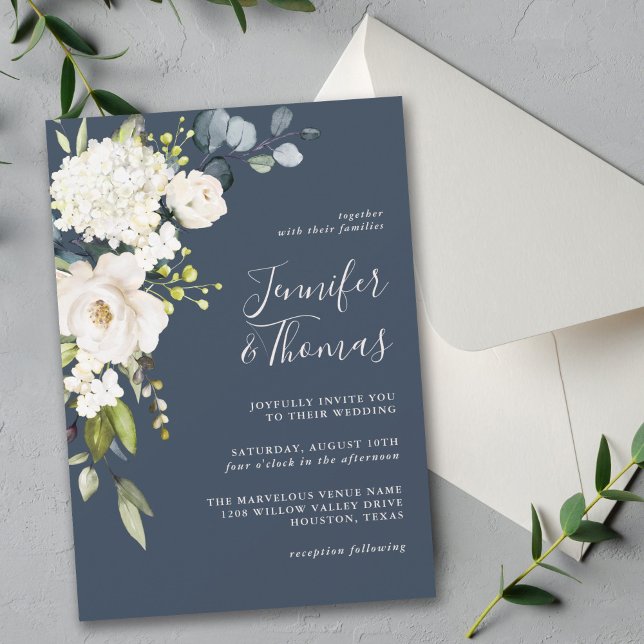 Invitación Elegante floral blanca en Boda azul marino (Subido por el creador)