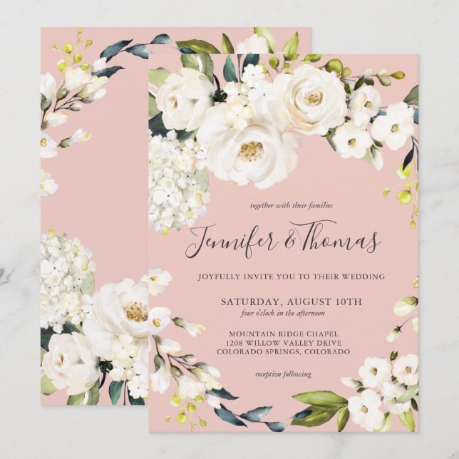 Invitación Elegante floral blanca en Boda rosa Rubor (Anverso / Reverso)