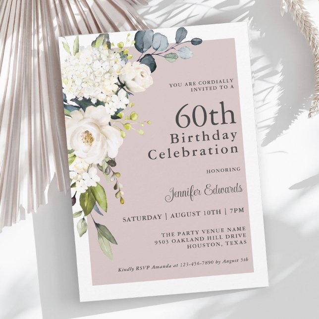 Invitación Elegante floral blanca en el cumpleaños 60 de Mauv (Subido por el creador)