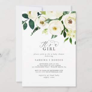 Invitación Elegante floral blanca es un Baby Shower Chica