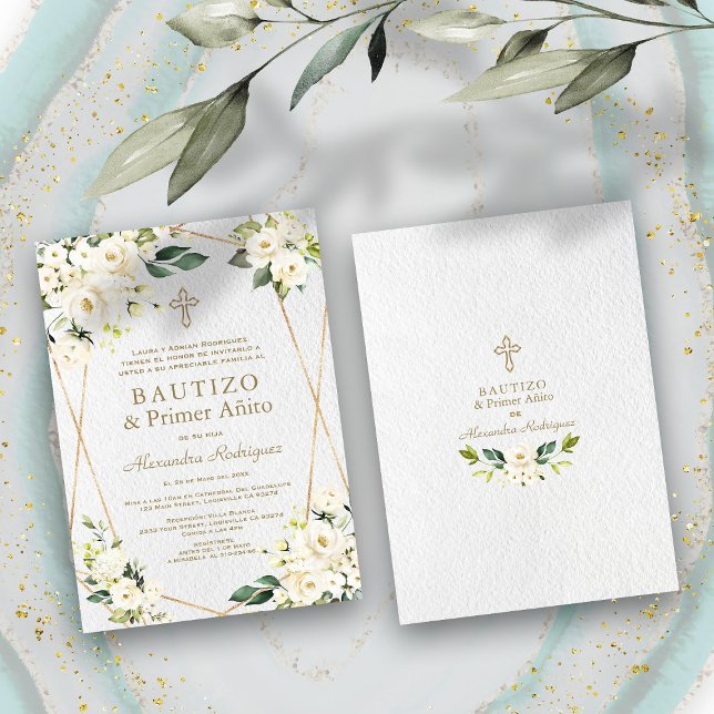 Invitación Elegante floral blanca española primer bautismo de (Subido por el creador)