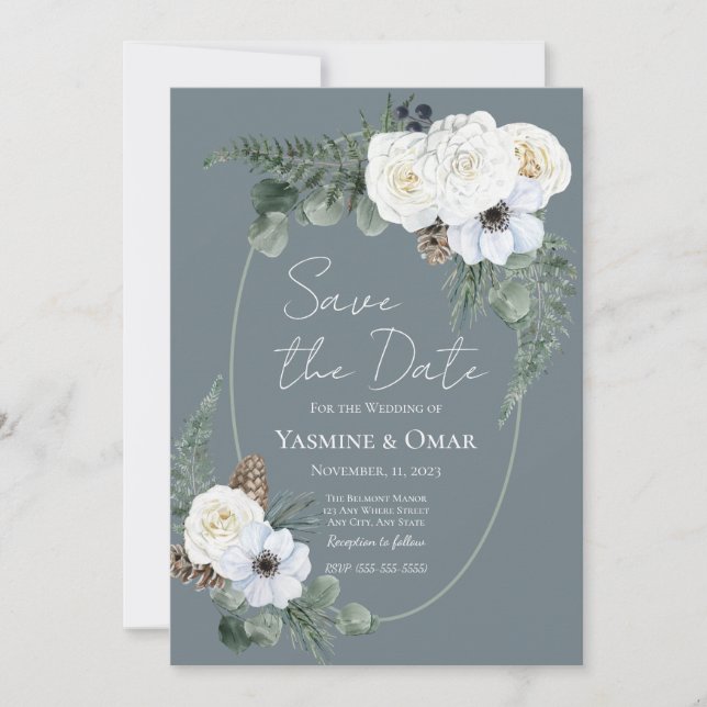 Invitación Elegante floral blanca moderna y Boda gris pizarra (Anverso)
