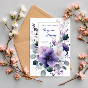 Invitación Elegante Floral Blanca Morada Marco Dorado Acuarel
