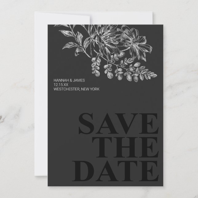 Invitación Elegante floral blanca negra salva la fecha (Anverso)
