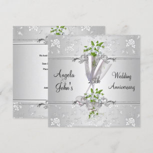 Invitación Elegante Floral Blanca Plateada de 25º Aniversario