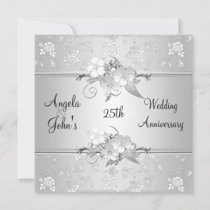 Invitación Elegante Floral Blanca Plateada de Aniversario núm