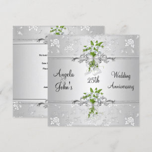 Invitación Elegante Floral Blanca Plateada del 25º Aniversari