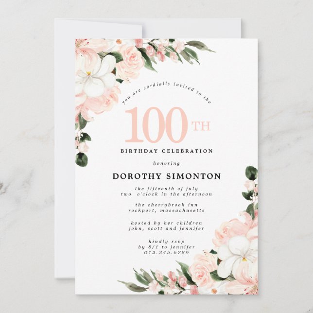 Invitación Elegante Floral Blanca Rosa 100 cumpleaños (Anverso)